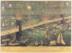 1883年のオープニングナイトのグレートニューヨークとブルックリンブリッジの鳥瞰図と花火のグランドディスプレイ 作： American School