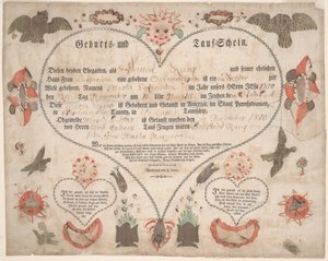 1806年頃のMaria Catharina Raupの出生・洗礼証明書（Geburts und Taufschein）（紙に水彩とペン＆インク 作： American School