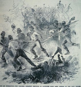 ピーターズバーグ包囲戦 (1864-65) で、北軍の黒軍が鹵獲した銃を持ち込む (リソ) 作： American School