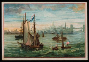 ニューヨークの港に浮かぶボート、グリーティングカード。(chromolitho) 作： American School