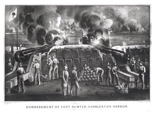 サムター要塞爆撃、モールトリー砦からのチャールストン港、1861年4月12日および13日、パブ。 Currier and Ivesより 作： American School