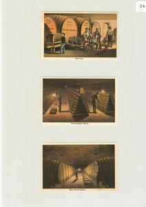 瓶詰め」と「シャンパン保管庫」、ワイナリーのトレードカード、1876年頃（カラーリトグラフ 作： American School