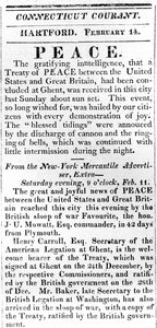 1815年のコネチカットクーラントで印刷された1812年の戦争後のブロードサイド、米国とイギリス間の平和を発表（印刷） 作： American School
