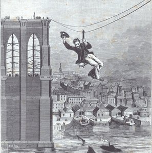 建設中のブルックリン橋。1876年8月25日、2本の鉄塔の間を最初に渡ったのは、建設主任のファリントン氏（写真左）。 作： American School