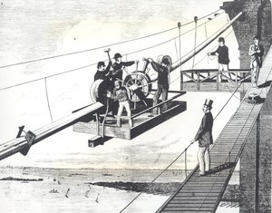 1876年に建設中のブルックリン橋、吊りケーブルの編み込み（彫刻 作： American School