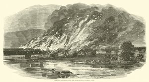 1863年6月、ペンシルバニア州コロンビアのサスケハナに架かる橋を燃やす 作： American School