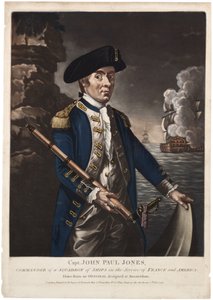 ジョンポールジョーンズ大尉、1780年のフランスとアメリカのサービスにおける艦隊の指揮官（手塗りのメゾチント） 作： American School