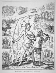 1608年、インディアンの酋長を捕らえるキャプテン・ジョン・スミス（1580-1631）、スミスの「Generall Historie of Virginia, New England & the Summer Isles」より。 作： American School