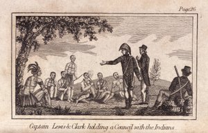 ルイス＆クラーク船長がインディアンと協議している様子、Pub.1812年（彫刻 作： American School