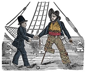 キャプテン・マックラと海賊は木の足を持っている 19世紀の「The Pirates Own Book」のエングレーヴィング。
