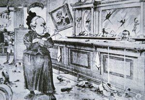 手斧を持ったCarry Nation、1905年頃（リトグラフ 作： American School