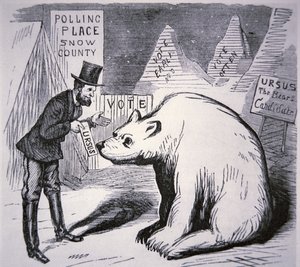 アメリカの政治家が無人のアラスカで有権者を探そうとしている様子を描いた漫画。 作： American School
