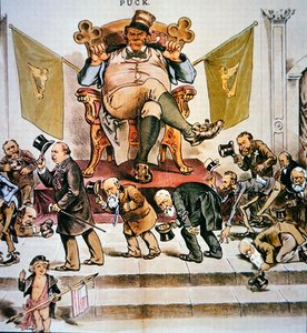 1889 年 4 月 3 日の「パック」に掲載された、米国におけるアイルランドの政治権力を描いた漫画 (カラー リソ)