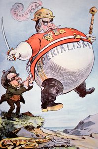 ウィリアム・ジェニングス・ブライアン（1860-1925）が「パック」に登場する「帝国主義の風来坊」ウィリアム・マッキンリー（1843-1901）を吹き飛ばす様子を描いた漫画。 作： American School