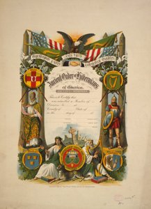 エンシェント・オーダー・オブ・ハイベルニアンズ・オブ・アメリカの会員証明書 1894年頃（カラーリトグラフ 作： American School