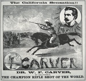 ドク・カーバー（1840-1927）を起用した「ライフル射撃の世界チャンピオン」ポスター 1885年頃（エングレービング 作： American School
