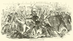 1863年7月、トリビューンオフィスでの警察の告発 作： American School