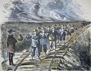 1869年に完成したセントラル・パシフィック鉄道を建設するチャールズ・クロッカー（1822-88）と中国人労働者たち（カラーリトグラフ