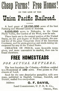 ユニオンパシフィック鉄道の格安農家と無料住宅、アップルトンズジャーナルの広告、1872年5月4日 作： American School