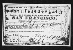安価な移民の鉄道チケット、1870年頃（リトグラフ 作： American School