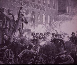 1886年のシカゴ・ヘイマーケット労働者暴動、ハーパース・ウィークリー誌に掲載された版画 作： American School
