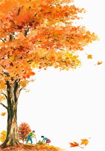 大きなカエデの木の下で紅葉狩りをする子供たち 作： アメリカの学校