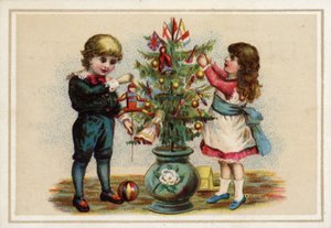 小さなクリスマスツリーを飾る子供たち 作： American School