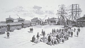 1860年代に大陸横断鉄道で働くためにサンフランシスコに到着した中国系移民「クーリー」（リトグラフ 作： American School
