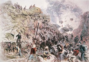 1869年に完成したセントラル・パシフィック鉄道の建設を手伝う中国人労働者（カラーリトグラフ 作： American School
