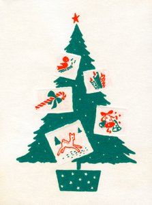 クリスマスカードで飾られたクリスマスツリー 作： American School
