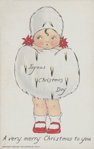クリスマスの毛皮のマフと帽子をかぶった子供を描いたクリスマス・グリーティングカード。(クロモリ) 作： アメリカの学校