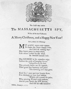 1771年1月1日、マサチューセッツスパイに印刷された、マサチューセッツスパイを運ぶ若者からのクリスマスの挨拶（印刷） 作： American School