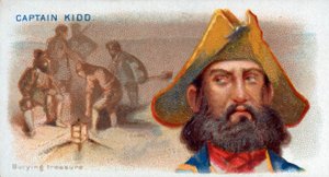 Cigarette Card Captain Kidd, Burying Treasure, pub.1888年のカラーリトグラフ。 作： American School