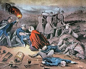 アメリカ南北戦争で負傷者を治療するクララ・バートン（カラーリトグラフ 作： American School