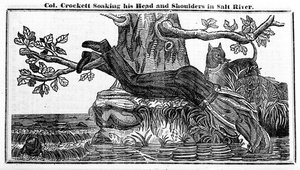 1837年クロケットアルマナックから、ソルビーリバーで頭と肩を濡らしているデイビークロケット大佐（新聞） 作： American School