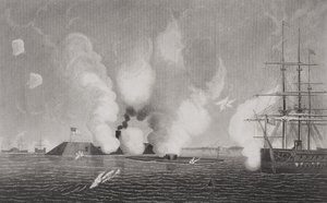 1862年3月9日、バージニア州ハンプトンロードで南軍CSSバージニア（左）と北軍USSモニター（中央）の間の戦闘（詳細は254609を参照） 作： American School