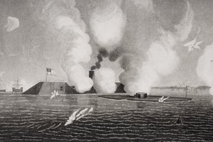 1862年3月9日、バージニア州ハンプトンロードで南軍CSSバージニア（左）と北軍USSモニター（右）の間の戦闘（254608の詳細）