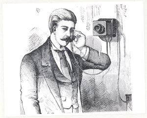 使用中のコンデンサー電話、ジョージバートレットプレスコット著「電気電話」（1830年頃）、1890年 作： American School