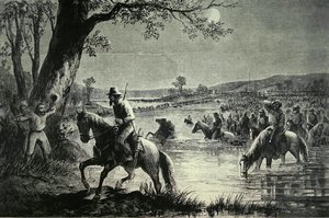 1862年、メリーランド州侵攻時にポトマック川の堤防を越える南軍（リトグラフ版） 作： American School