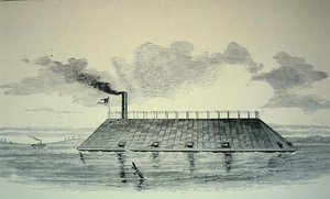1862年12月、サバンナ川のジャクソン砦沖に横たわる南軍の鉄甲船ラム「ジョージア」（リトグラフ）。