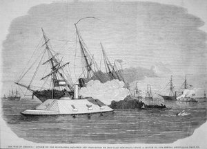 南軍の鉄甲船がチャールストン沖の連邦封鎖艦隊を攻撃する様子（1863年4月4日）（リトグラフ