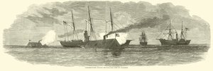 1863年1月、チャールストン沖の封鎖艦隊と交戦している南軍のラム 作： American School