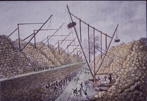 エリー運河、ロックポート付近の建設用デリック（彩色済み彫刻 作： American School