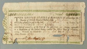 1781年3月26日、フランシス・ホプキンソン財務長官が署名したコンチネンタルローンオフィス証明書番号4863 作： American School