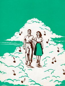 音符に囲まれて雲の中を歩くカップル 作： American School