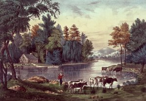 Nathaniel Currier（1813-88）とJames Merritt Ives（1823-95）（カラーリソ）によって公開された、湖のほとりの牛