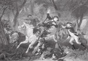キングス・マウンテンの戦いでのパトリック・ファーガソンの死、1780年10月7日（リトグラフ 作： American School