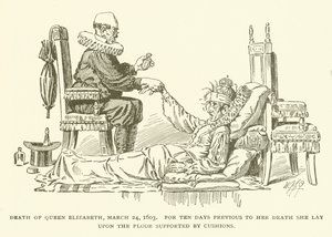 エリザベス女王の死、1603年3月24日、彼女の死の10日前に、彼女はクッションが支えている床に横になった 作： American School