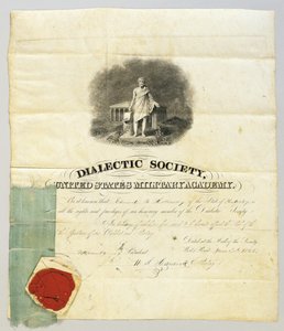 1843年6月20日、ウェストポイント陸軍士官学校の方言協会の会長としてユリシーズS.グラントが署名した文書（羊皮紙に彫刻とペンとインク）（872501も参照） 作： American School