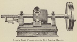 エジソンのアルミホイル蓄音機、初の実用機（彫刻 作： American School